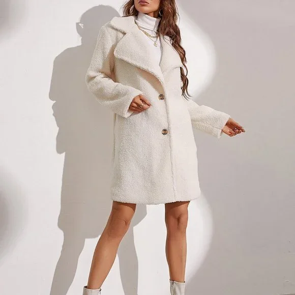 Apricot Preppy Womens Lapel Neck Single Breasted Teddy Coat - Picture 4 of 5